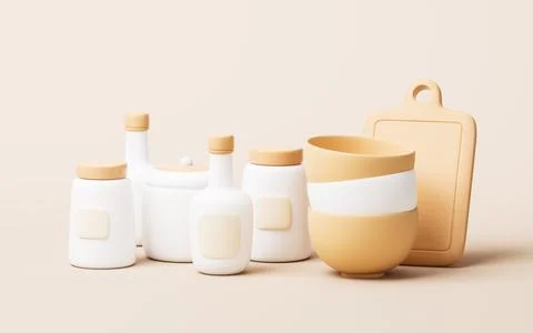 Cartoon style tableware and spices bottles, 3d rendering. Stock Illustration