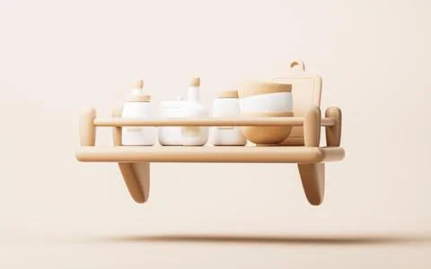 Cartoon style tableware and spices bottles on the shelf, 3d rendering. Stock Illustration