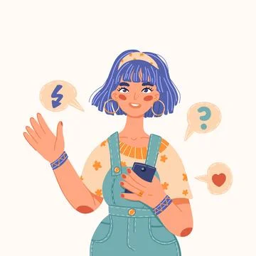 Cartoon style vector illustration of a young woman with blue hair dressed in Stock Illustration
