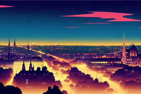 Cartoon style Vienna skyline by night Austria , Anime Stock Illustration
