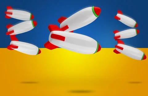 Cartoon styled bombs in front of flag of Ukraine Stock Illustration