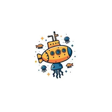Cartoon submarine exploring the deep sea with jellyfish and fish in a whims.. Stock Illustration