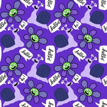 Cartoon summer animals seamless snails and flower pattern for wrapping paper Stock Illustration