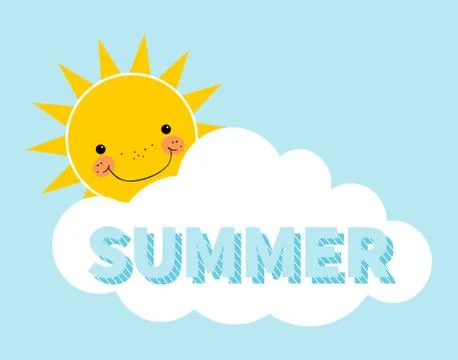 Cartoon summer background. Sun. Cloud. Design concept with happy smiley sun Stock Illustration