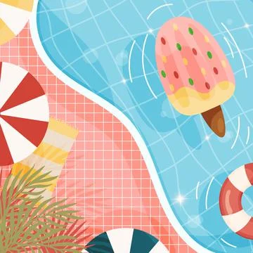 Cartoon summer beach pool background. with ice cream float, sea stars and palms Stock Illustration