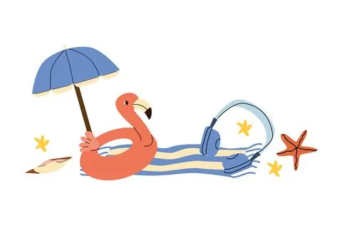 Cartoon summer beach umbrella composition with seaside accessories. Headphone Stock Illustration