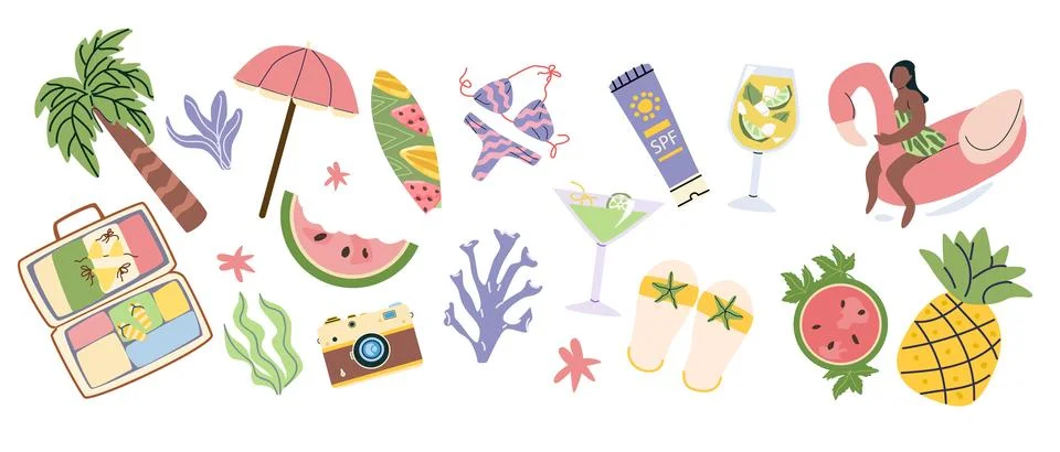 Cartoon summer beach vacation elements set. Vector illustrations of surfboard Stock Illustration
