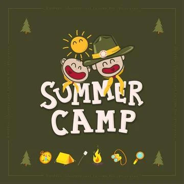 Cartoon summer camp header featuring kids with forest icons fire tent compa.. Stock Illustration