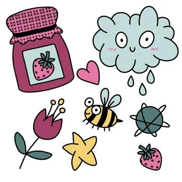 Cartoon summer doodle set bee and strawberry jam pattern for wrapping paper イラスト素材