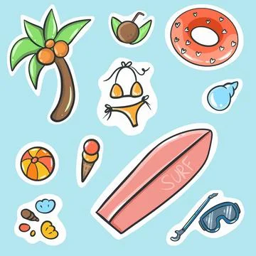 Cartoon summer elements set, summertime accessory stickers イラスト素材