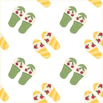Cartoon summer flip flops pattern. Bright sandal with berries. Illustrazione stock