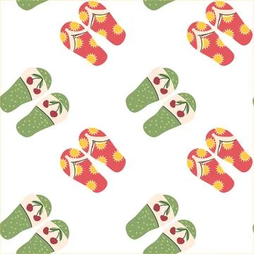 Cartoon summer flip flops pattern. Bright sandal with berries. Stock Illustration