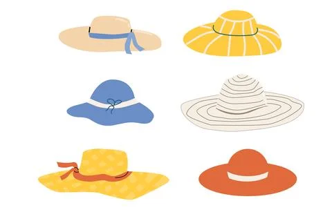Cartoon summer hat set. Beach headwear s collection. Stock Illustration