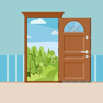 Cartoon summer or spring forest landscape wood door view. Stock Illustration