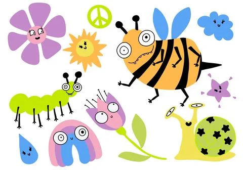 Cartoon summer print set bee and flower and sun and clouds and peace sign Ilustração Stock
