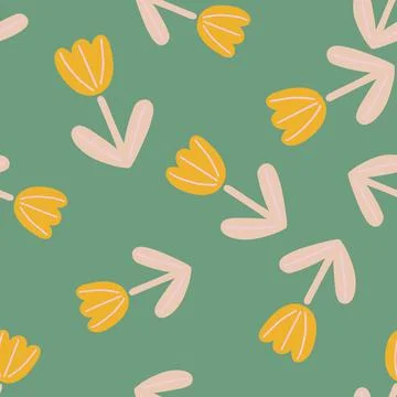 Cartoon summer seamless pattern with yellow tulips random ornament. Green bac Stock Illustration