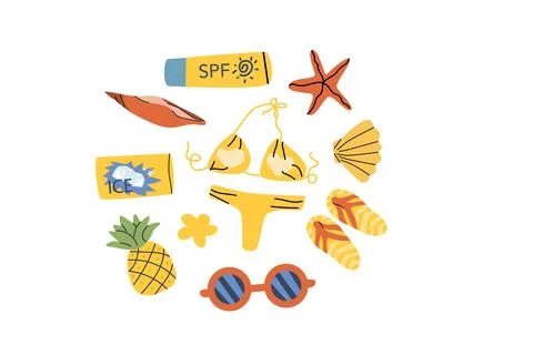 Cartoon summer time round background with beach coastal elements Stock Illustration