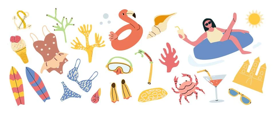 Cartoon summer tropical elements set. Beach coastal accessories for summer Stock Illustration
