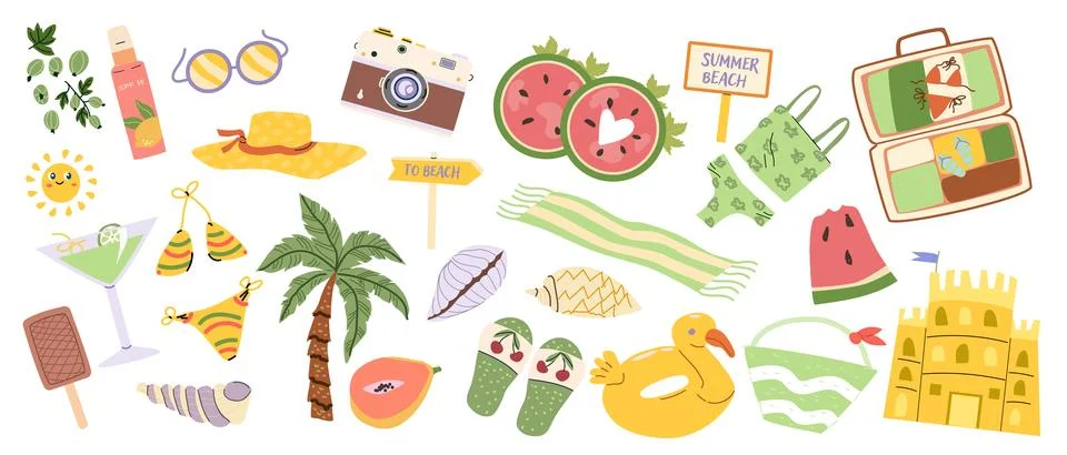 Cartoon summer vacation essentials set. Swim accessories, tropical fruits Stock Illustration