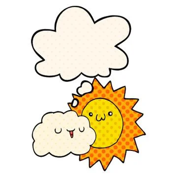Cartoon sun and cloud and thought bubble in comic book style Stock Illustration