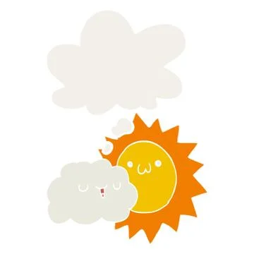 Cartoon sun and cloud and thought bubble in retro style Stock Illustration