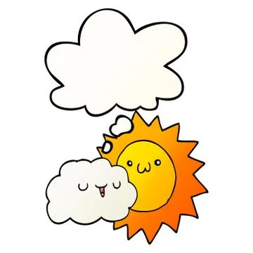 Cartoon sun and cloud and thought bubble in smooth gradient style 스톡 일러스트