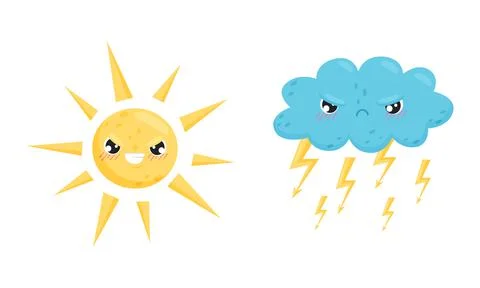 Cartoon Sun and Cloud with Different Facial Expression Vector Set Ilustración de archivo
