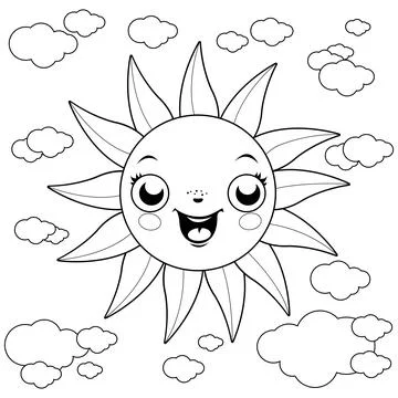 Cartoon sun and clouds. Vector black and white coloring page Stock Illustration