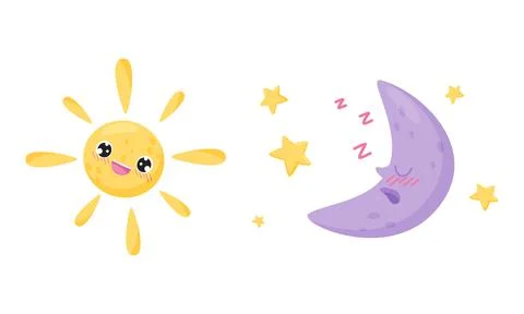 Cartoon Sun and Crescent with Different Facial Expression Vector Set Ilustración de archivo