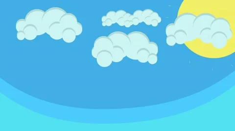 Cartoon Sun and Puffy Clouds Hovering in Blue Sky Stock Footage 64403631