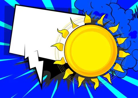 Cartoon Sun with blank speech bubble, comic book Summer background. Retro v.. Stock Illustration