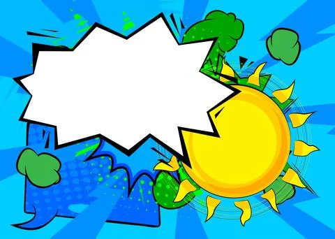 Cartoon Sun with blank speech bubble, comic book Summer background. Retro v.. Stock Illustration
