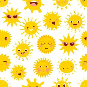 Cartoon sun characters seamless pattern, vector Stock Illustration