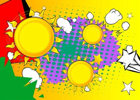 Cartoon Sun, comic book Summer. Retro vector comics pop art design. Stock Illustration