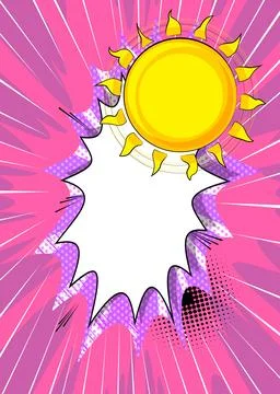 Cartoon Sun, comic book Summer. Retro vector comics pop art design. Stock Illustration