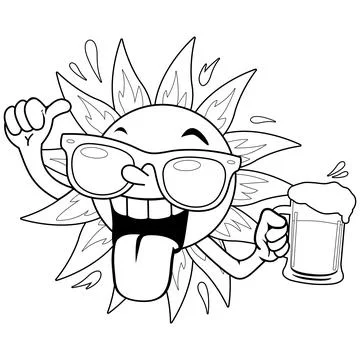 Cartoon sun drinking beer. Vector black and white coloring page Stock Illustration