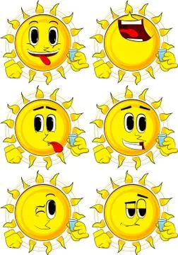 Cartoon sun drinking brandy. Collection with happy faces. Expressions vector  Ilustración de archivo