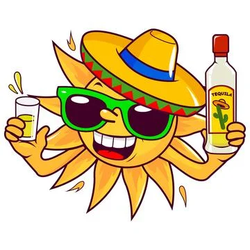 Cartoon sun drinking tequila. Vector illustration Stock Illustration