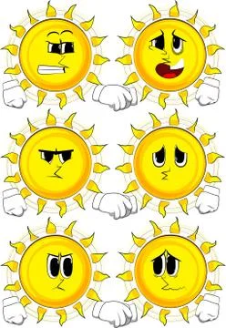 Cartoon sun making handshake. Collection with sad faces. Expressions vector s Illustrazione stock
