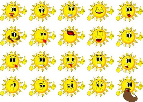 Cartoon sun making a point. Collection with happy faces. Expressions vector s Illustrazione stock