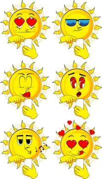 Cartoon sun using a mobile phone. Collection with various facial expressions. 스톡 일러스트