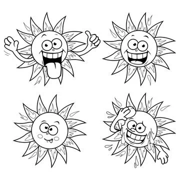 Cartoon sun vector set. Vector black and white coloring page Stock Illustration