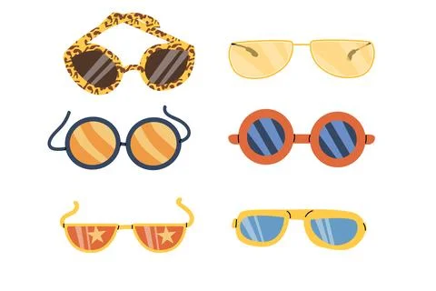 Cartoon sunglasses vector set. Summer beach accessories, eyeglasses in cartoon Stock Illustration