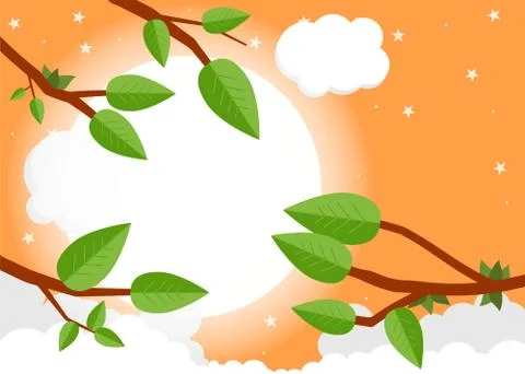 Cartoon sunset with clouds. Flat vector illustration, trees, leaf and sun. イラスト素材