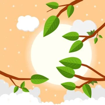 Cartoon sunset with clouds. Flat vector illustration, trees, leaf and sun. Stock Illustration