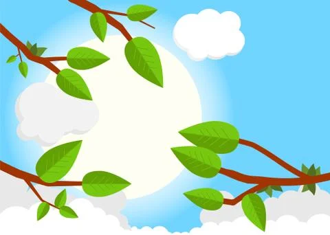 Cartoon sunset day. Flat vector illustration, trees, leaf, sun, clouds. Illustrazione stock