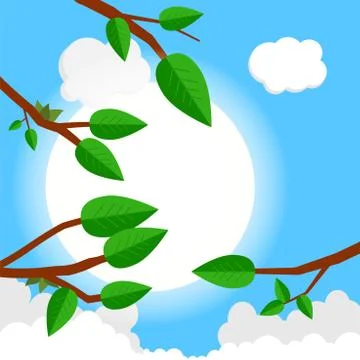 Cartoon sunset day. Flat vector illustration, trees, leaf, sun, clouds. イラスト素材
