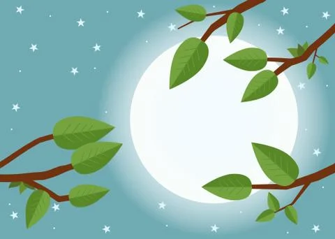 Cartoon sunset. Flat vector illustration, trees, leaf, moon and night. Illustrazione stock