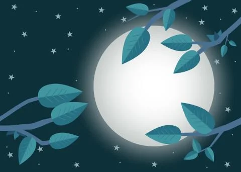 Cartoon sunset. Flat vector illustration, trees, leaf, moon and night. Illustrazione stock