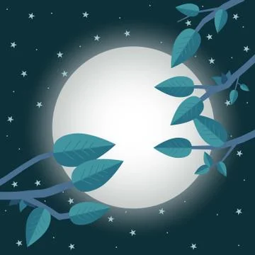Cartoon sunset. Flat vector illustration, trees, leaf, moon and night. Stock Illustration